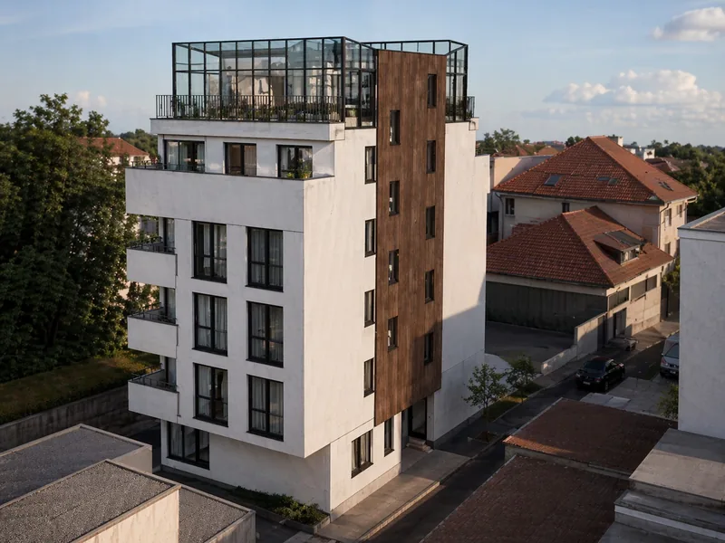 Rendering of Micro City — boutique building with white façade, timber slats and black frames, ground floor, three storeys and set-back 4th floor, Sector 3 Bucharest