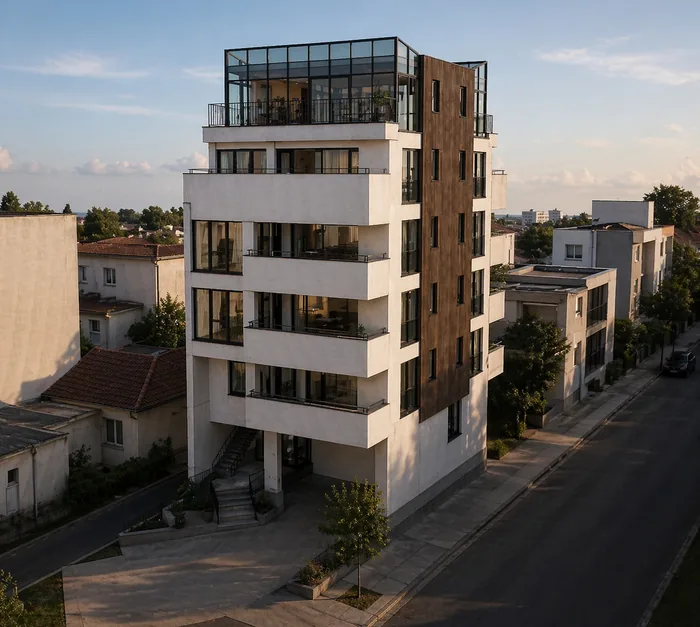 Micro City — main façade with timber slats and the floor terraces, rendering at sunset
