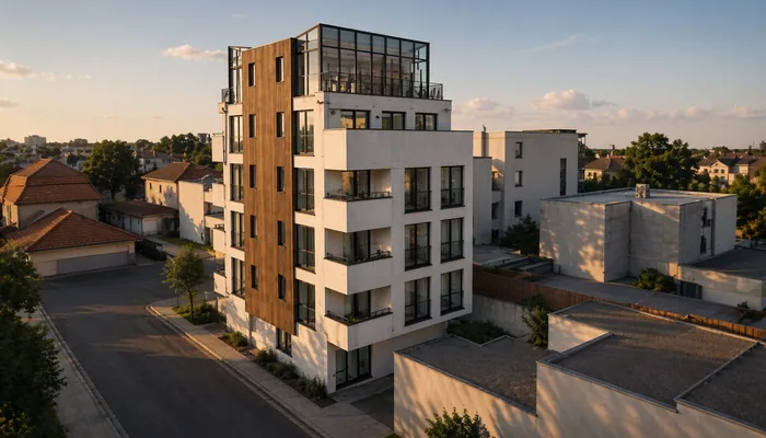 Micro City — panoramic view of the boutique building with its glazed set-back top floor