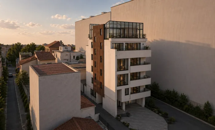 Micro City — the building seen from the inner courtyard, with the entrance and the ground-floor garden