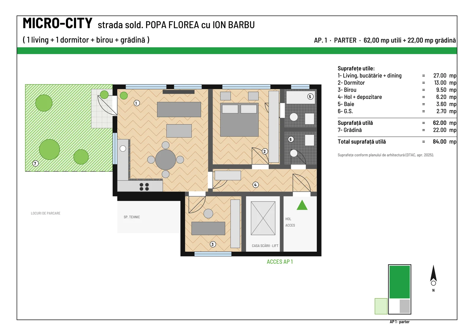 Apartament 2 camere · Parter, ap. 1 — Compartimentare